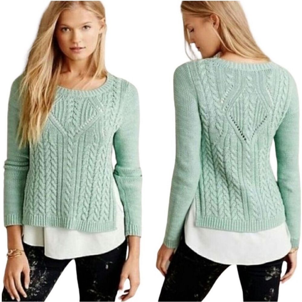 Anthropologie Moth Ella layered chunky cable knit cotton in sea foam green sz M
